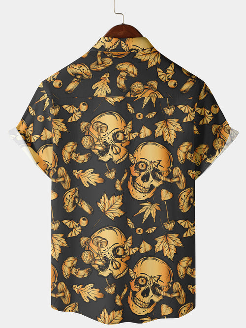 Men's Rock Skull Print Rockabilly Summer Funny Maple Mushroom Party Holiday Short Sleeve Shirt