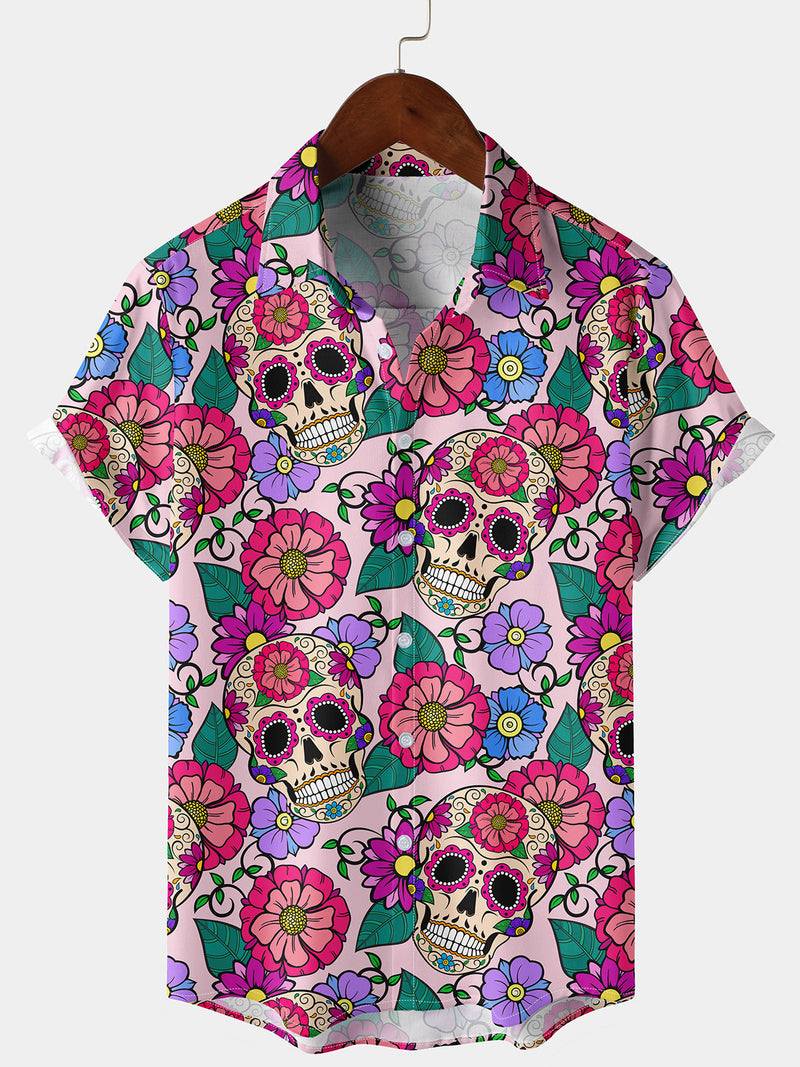 Men's Floral Sugar Skull Print Pink Funny Hawaiian Button Up Short Sleeve Shirt