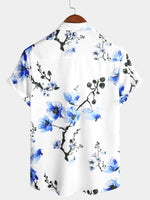 Men's Casual Blue Floral Print Summer Button Up Flower Short Sleeve Cherry Blossom Shirt