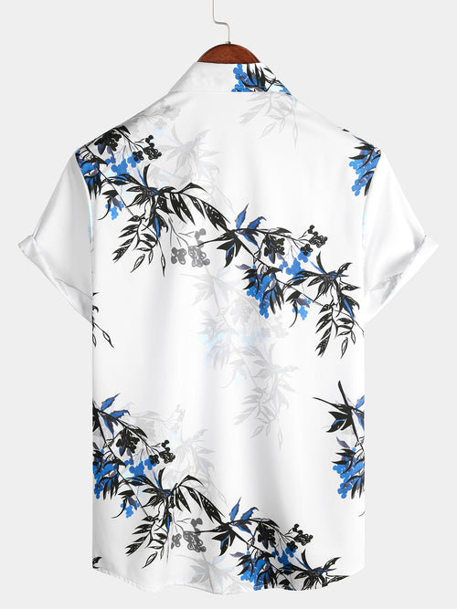 Men's Blue Floral Print Summer Flower Short Sleeve Beach Holiday Button Up Shirt