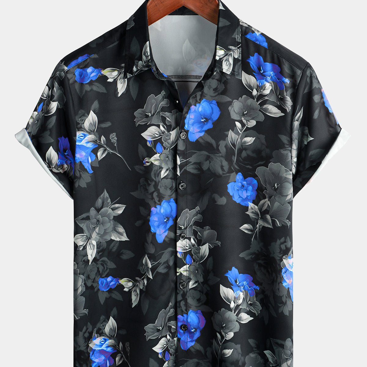 Camisa de playa fresca para vacaciones de manga corta con botones florales azules informales de verano para hombre