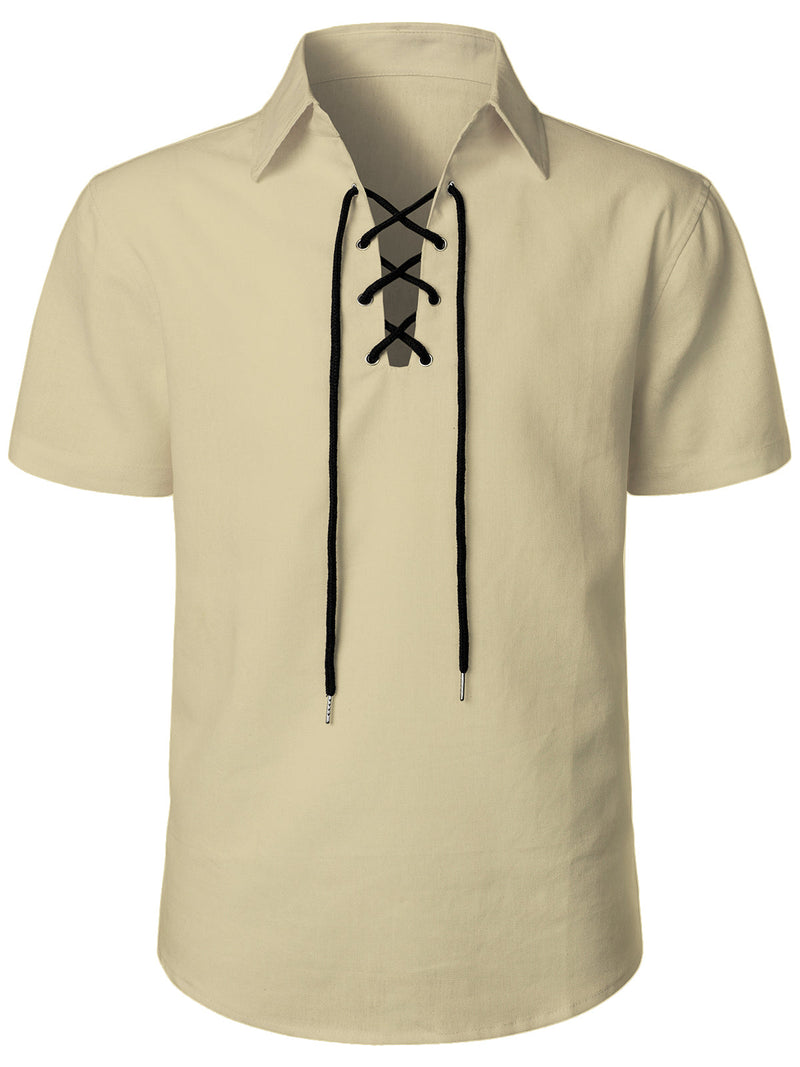 Men's Cotton Retro Drawstring Gothic Solid Color Short Sleeve Shirt