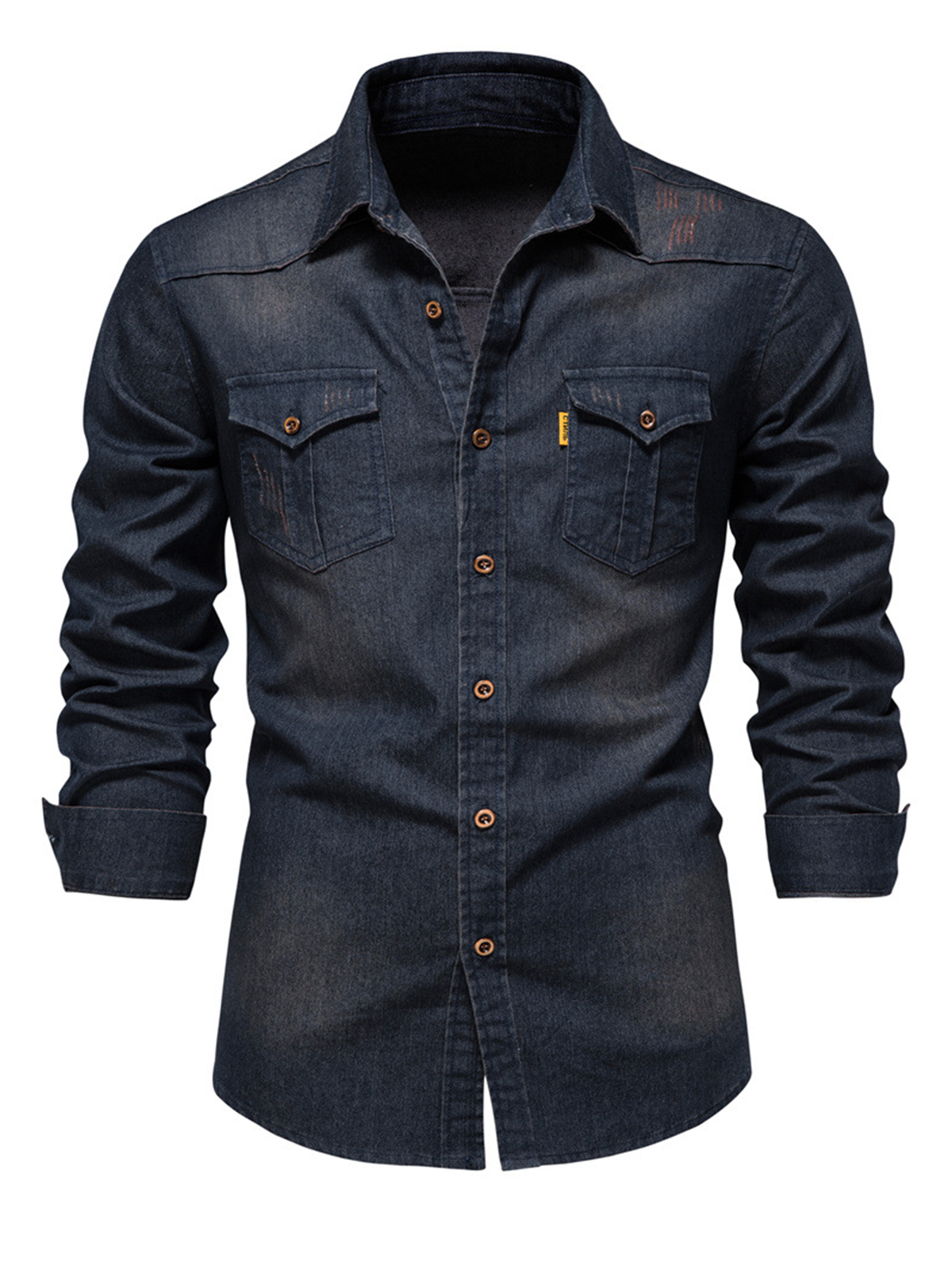 Men's Denim Pocket Solid Color Vintage Cotton Casual Long Sleeve Shirt