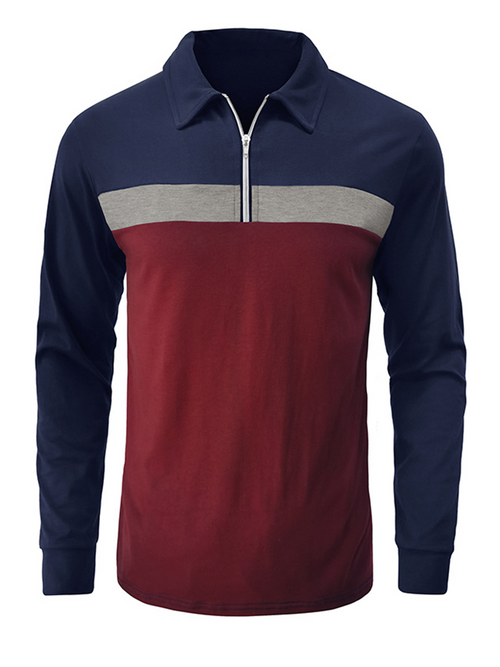 Men's Casual Color Block Zipper Long Sleeve Lapel Polo Shirt