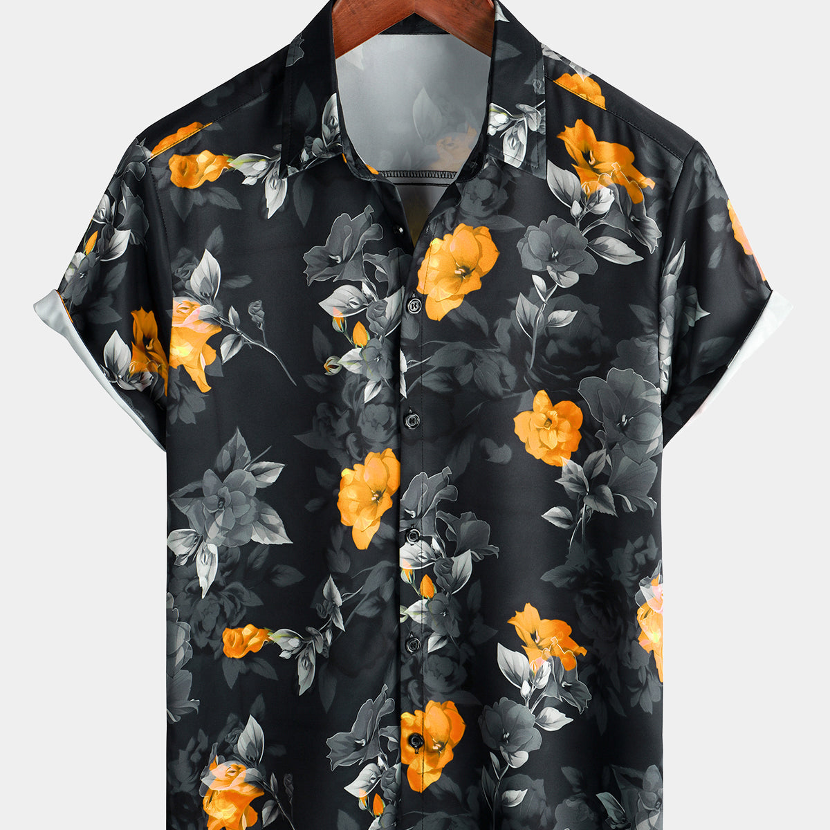 Camisa de playa fresca de vacaciones de manga corta con botones florales amarillos casuales de verano para hombres