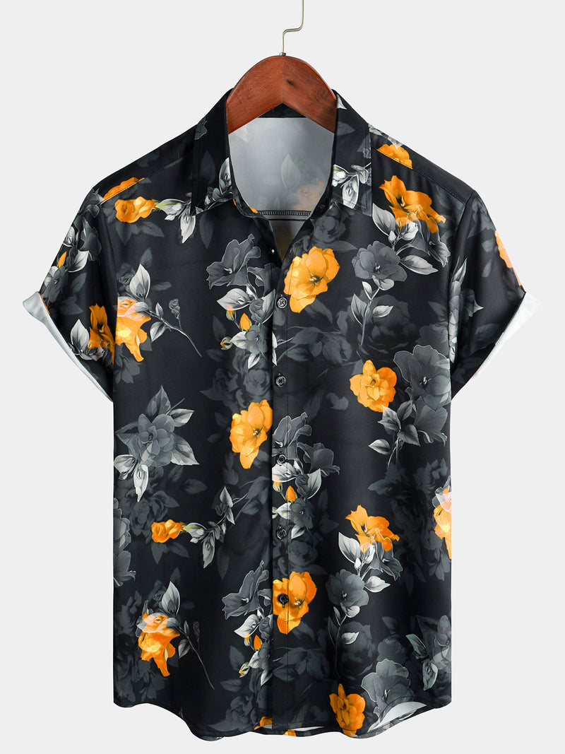Men's Summer Casual Yellow Floral Button Up Short Sleeve Holiday Cool Beach Shirt