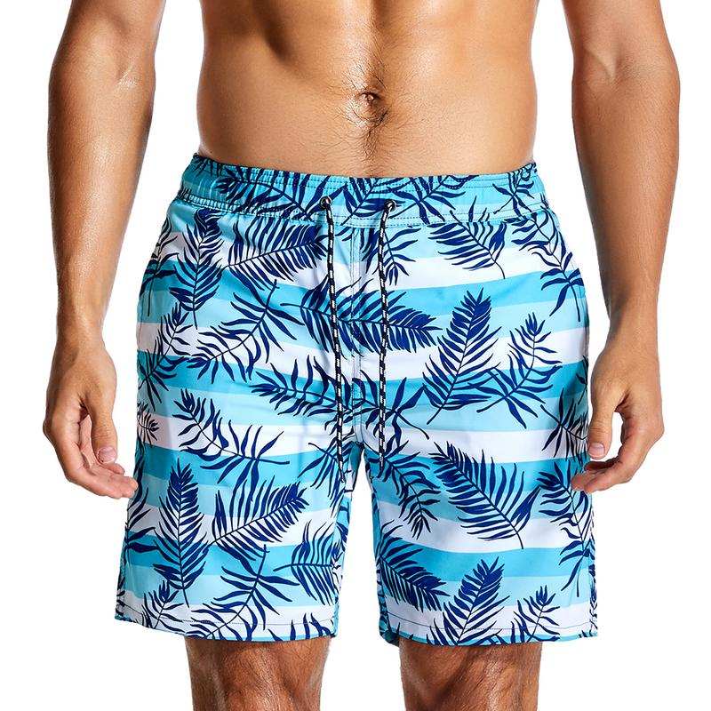 Men's Tropical Leaves And Striped Quick Dry Beach Shorts Swimming Trunks