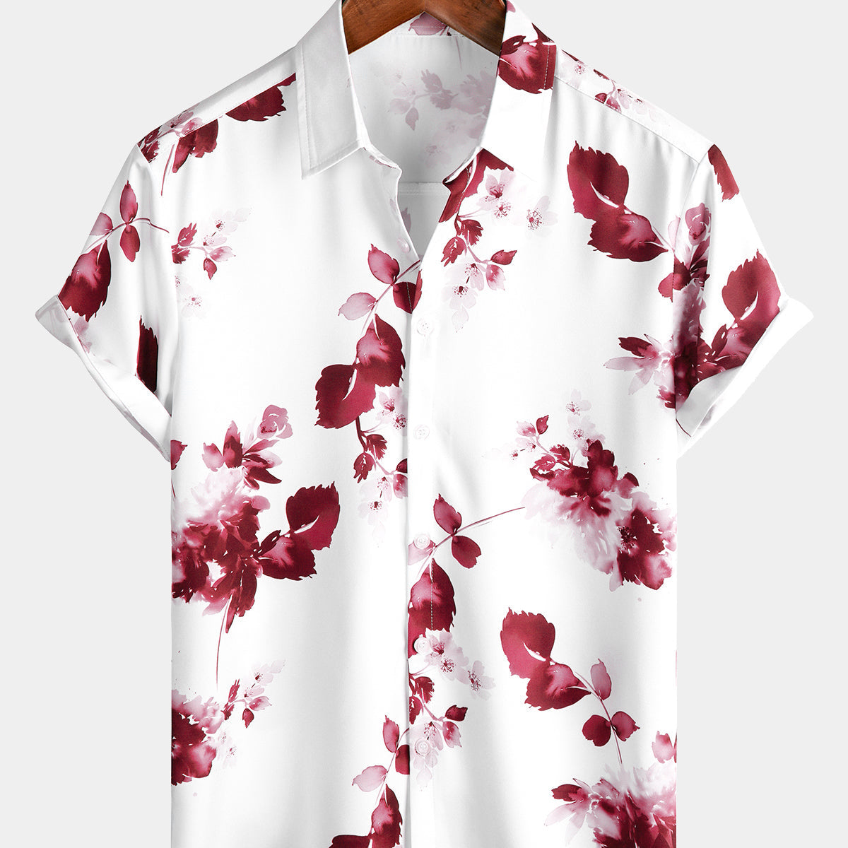 Men's Casual Red Floral Art Button Up Short Sleeve Summer Holiday Beach Shirt