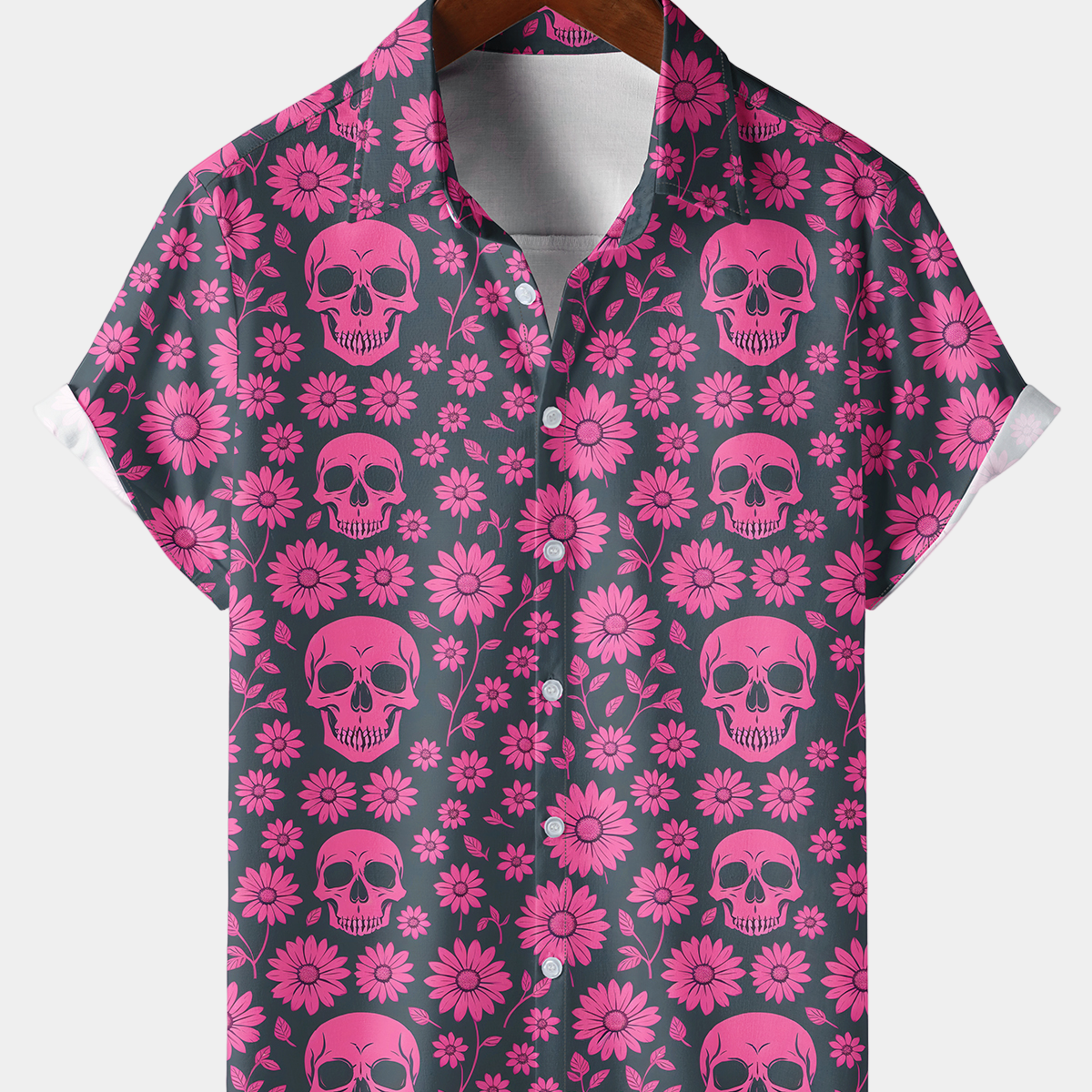 Camisa de manga corta para vacaciones con botones y estampado floral de margaritas y calavera rosa de verano para hombre