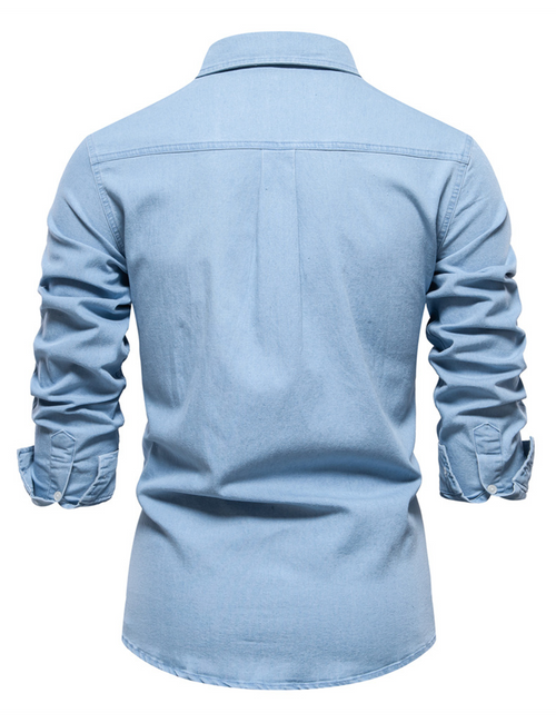 Men's Solid Color Denim Cotton Pocket Long Sleeve Shirt