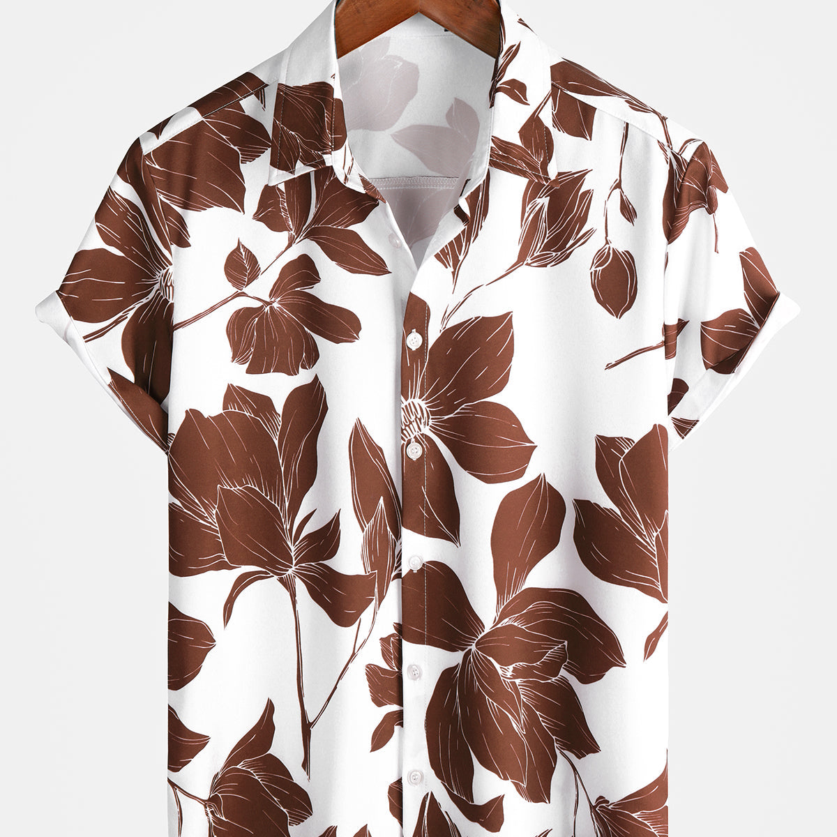 Camisa de playa fresca para vacaciones de manga corta con botones florales marrones informales de verano para hombre