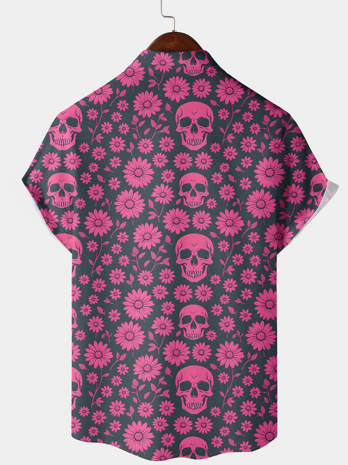 Men's Summer Pink Skull Floral Daisy Print Button Up Holiday Short Sleeve Shirt