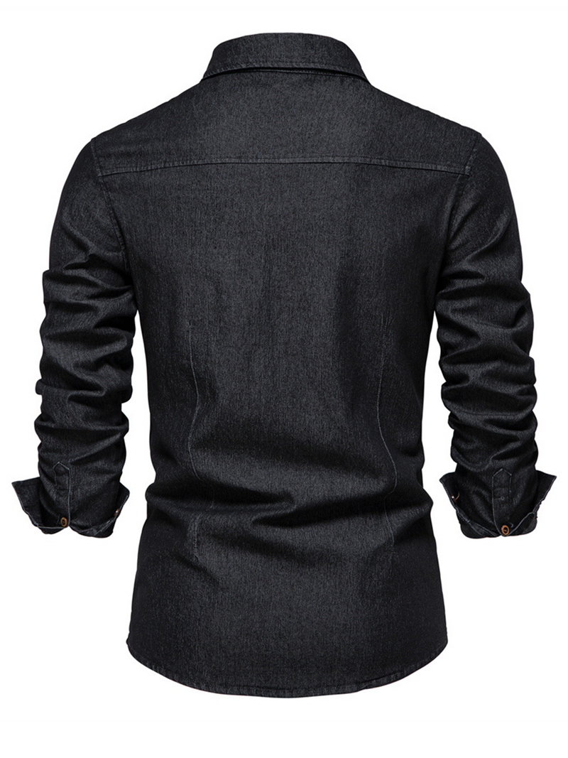 Men's Denim Pocket Solid Color Vintage Cotton Casual Long Sleeve Shirt