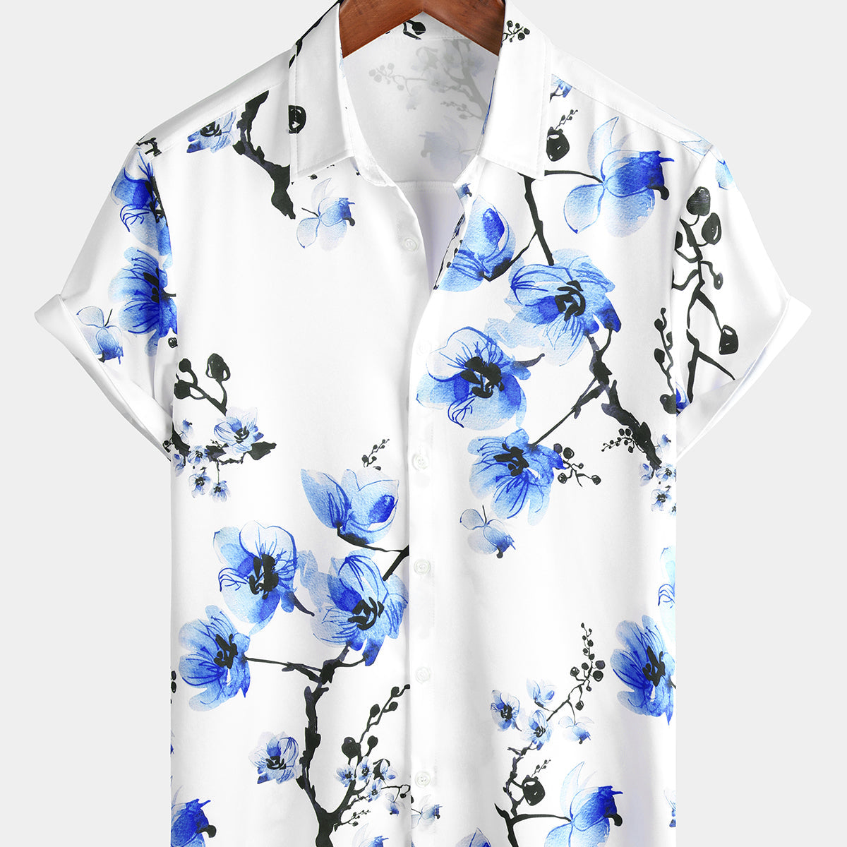 Men's Casual Blue Floral Print Summer Button Up Flower Short Sleeve Cherry Blossom Shirt