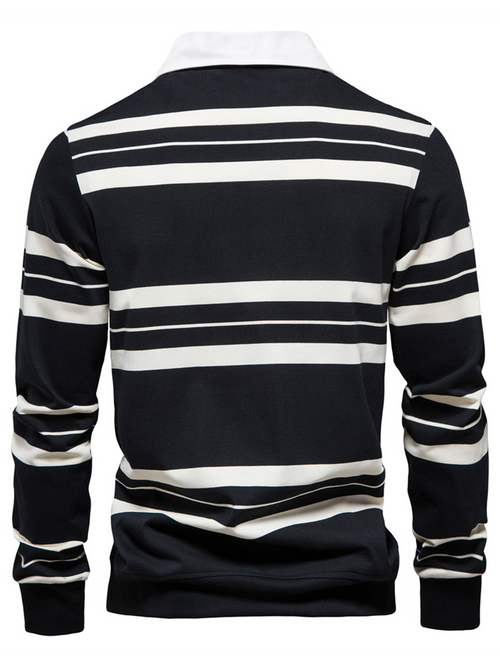 Men's Long Sleeve Golf Polo Zipper Casual Striped Cotton Shirt