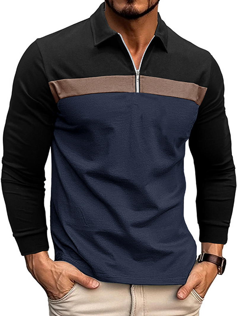 Men's Golf Zipper Color Block Long Sleeve Lapel Casual Polo Shirt