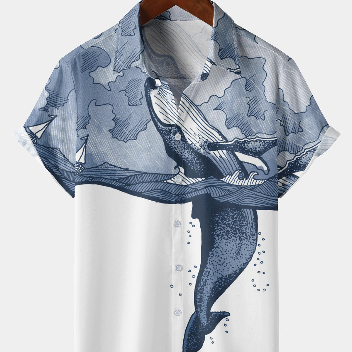 Men's Whale Print Hawaiian Ocean Waves Aloha Beach Short Sleeve Shirt