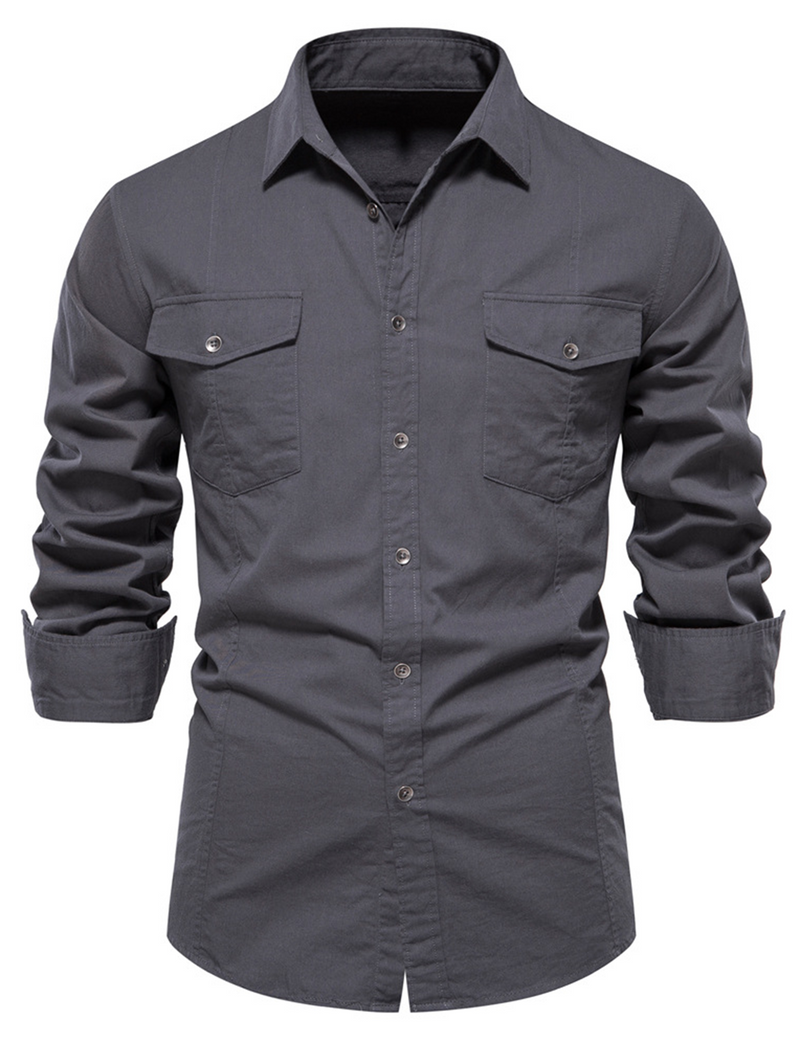 Men's Solid Color Casual Outdoor Cotton Pocket Long Sleeve Shirt