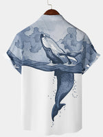 Men's Whale Print Hawaiian Ocean Waves Aloha Beach Short Sleeve Shirt