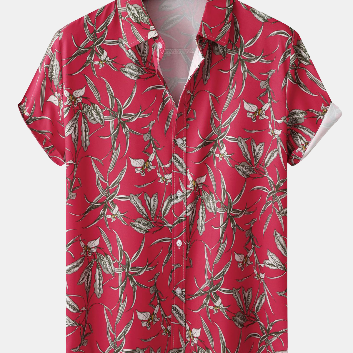 Camisa de playa de manga corta de verano hawaiana roja con estampado de plantas tropicales para hombre