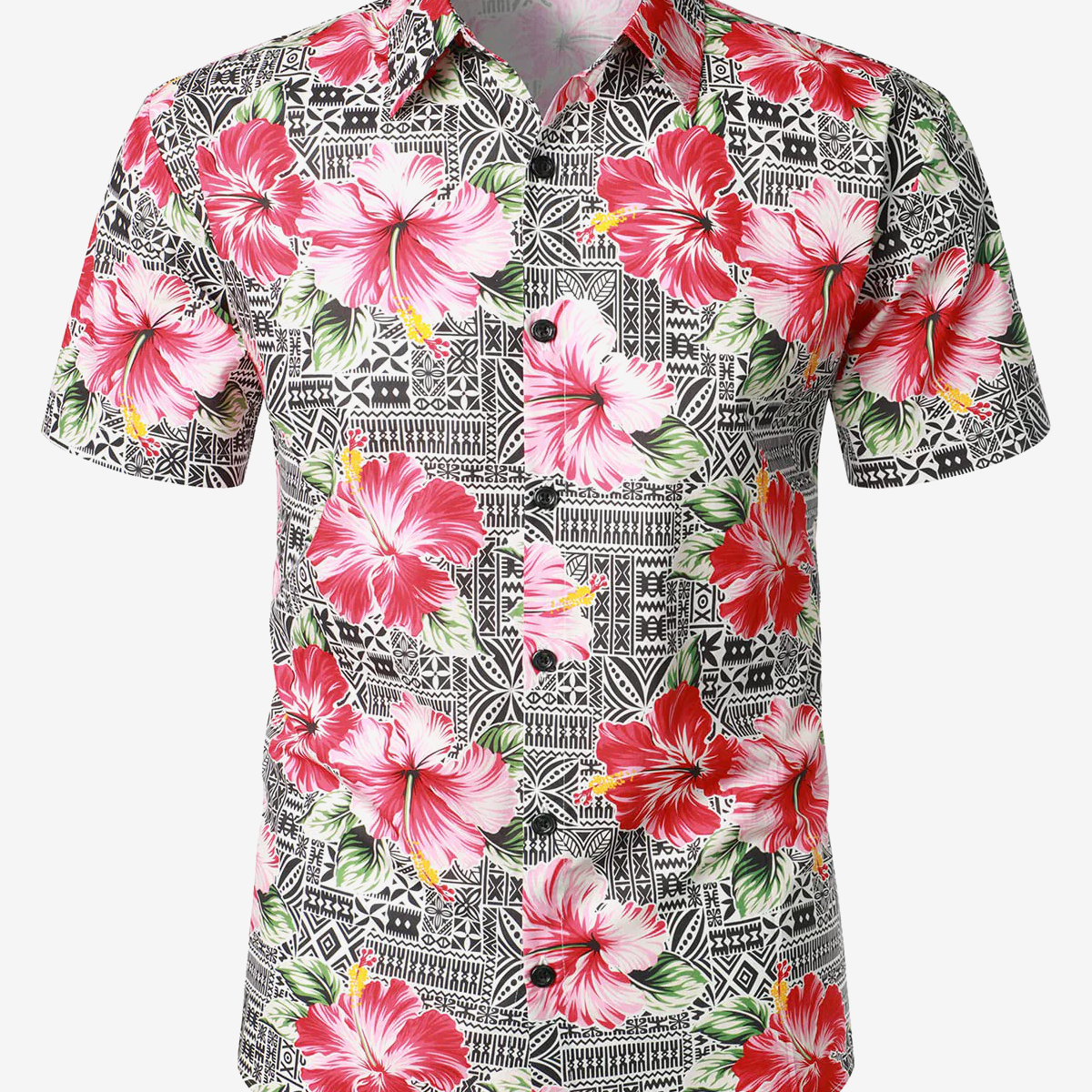Camisa de manga corta hawaiana de vacaciones vintage con botones y estampado de hibisco floral rosa para hombre