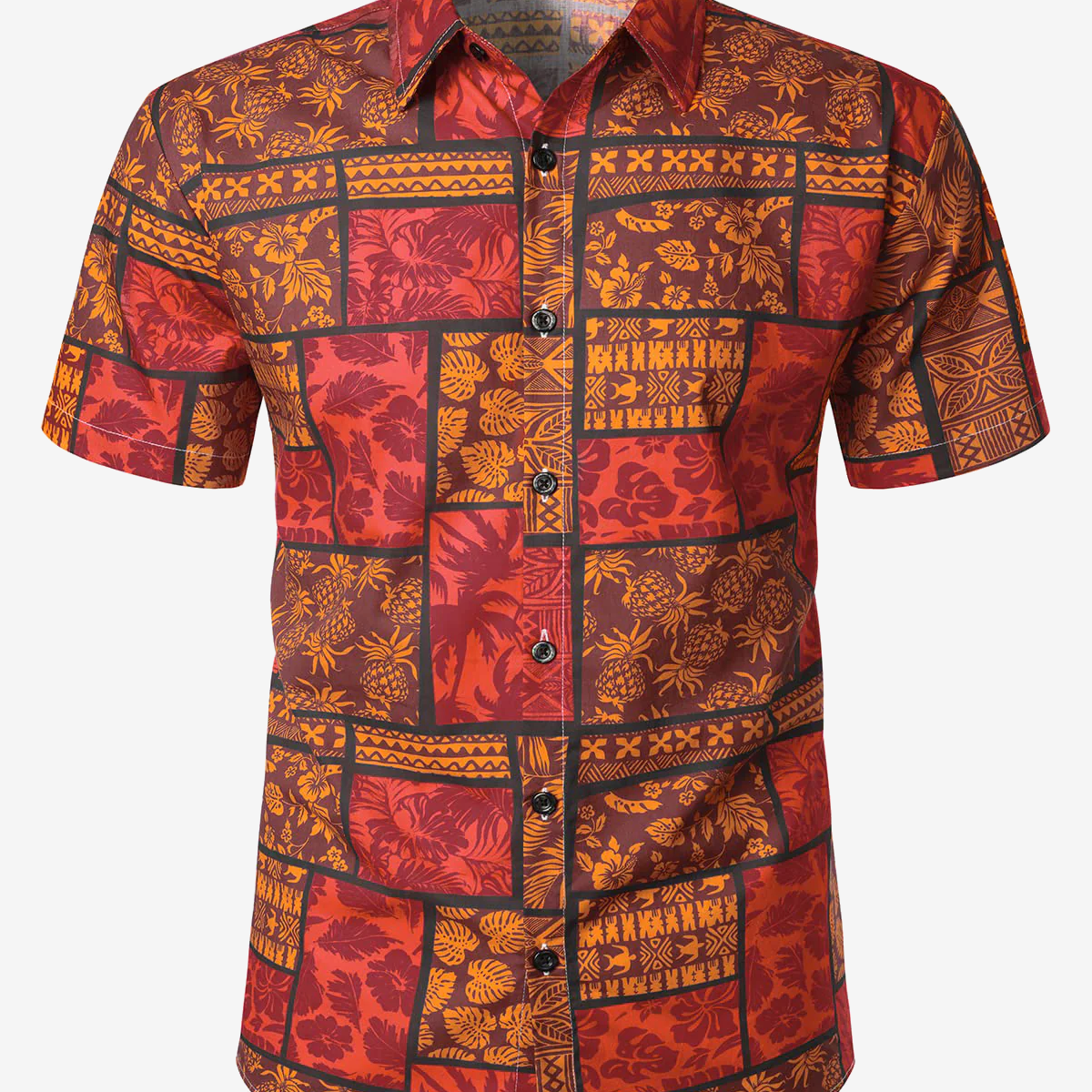 Camisa de manga corta con botones de playa florales y piña de algodón rojo Hawaiiwan Tropical Vintage para hombre