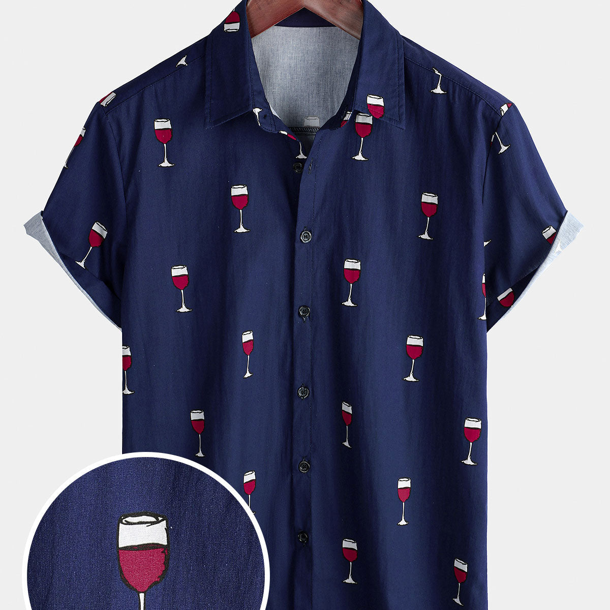 Men's Wine Glass Print Holiday Beach Cotton Breathable Summer Short Sleeve Shirt