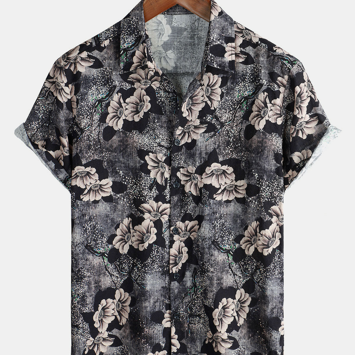 Men's Grey Floral Cotton Holiday Short Sleeve Button Up Shirt