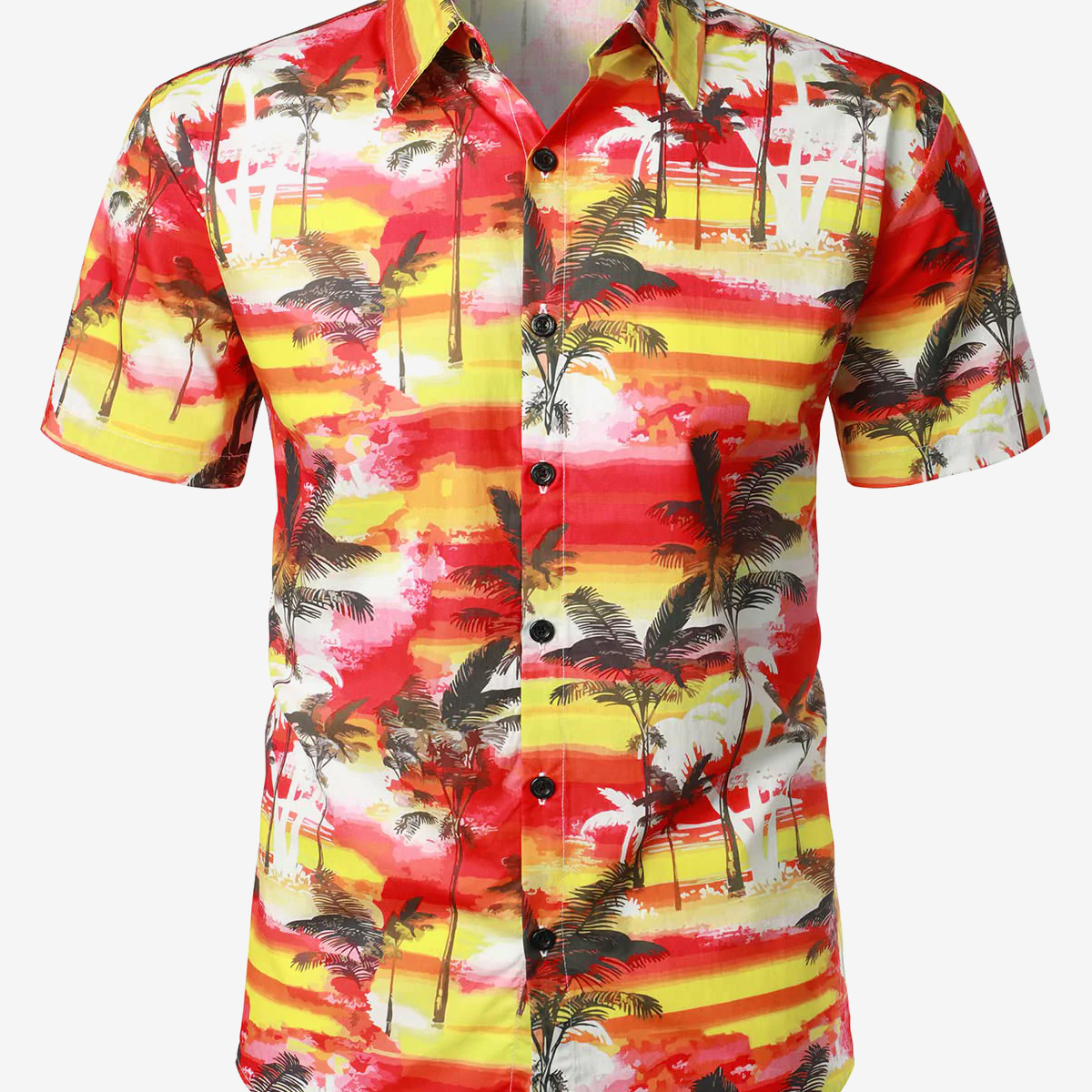 Camisa con botones de playa de manga corta floral de palmera tropical hawaiana roja de algodón para hombre