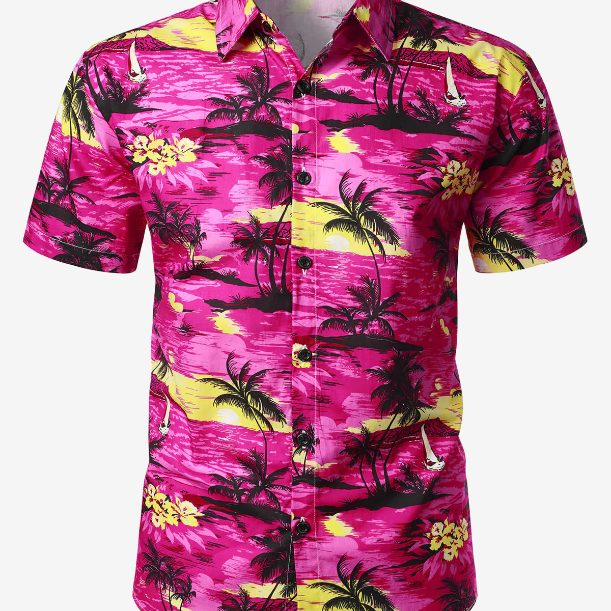 Camisa de manga corta con botones hawaiana morada para vacaciones en crucero en una isla tropical para hombre