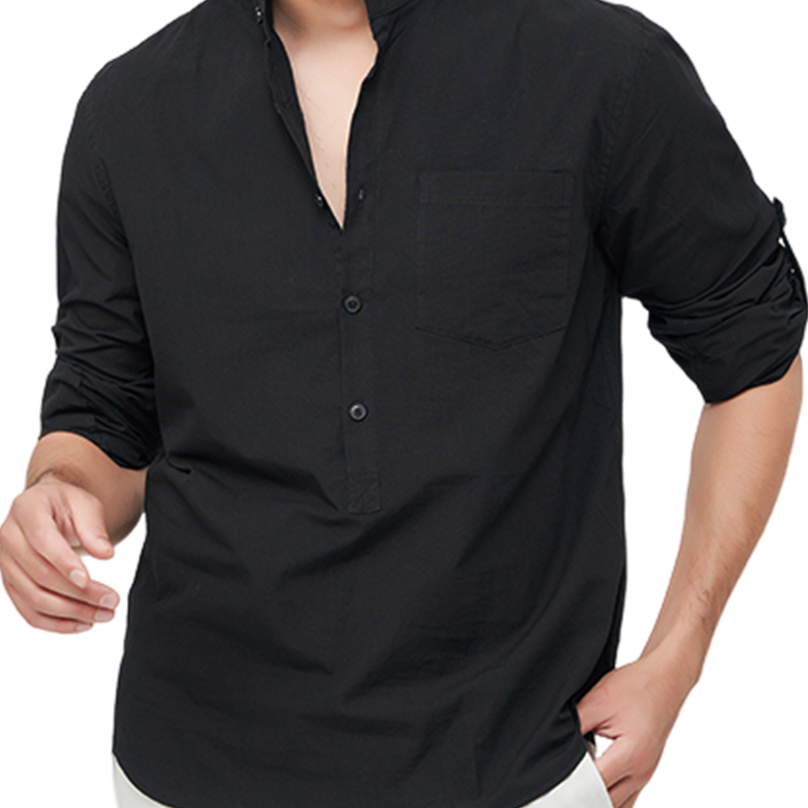 Camisa casual de manga larga con botones y bolsillo de algodón con cuello Henley de color sólido para hombre