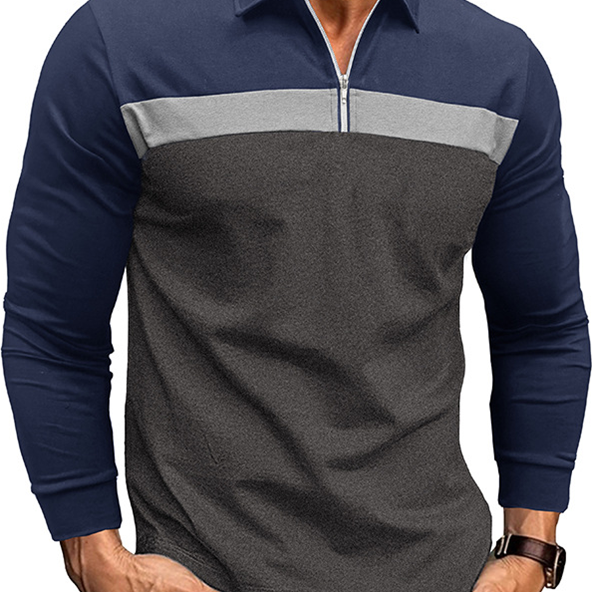 Men's Casual Color Block Zipper Long Sleeve Lapel Polo Shirt