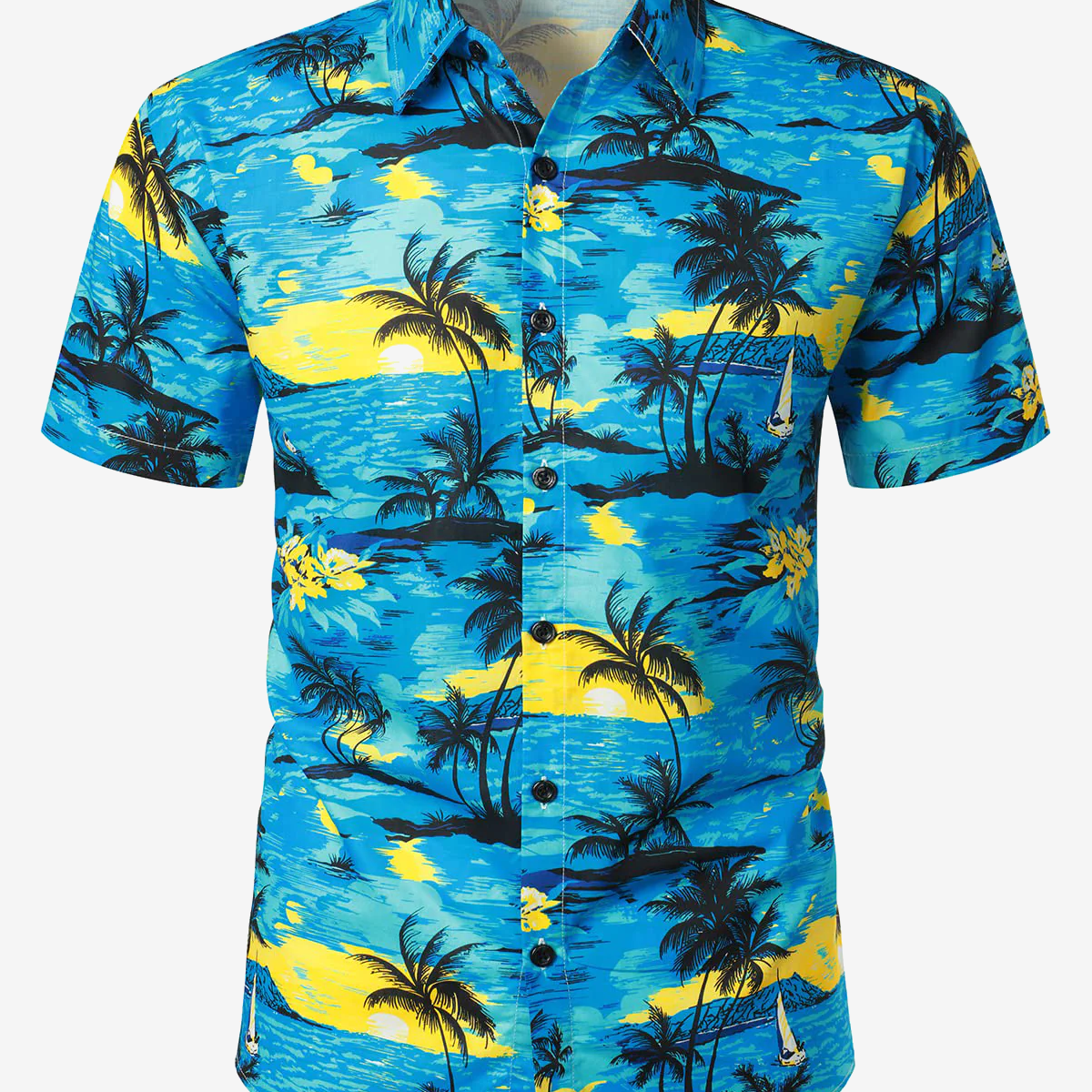 Camisa de algodón de manga corta de verano para vacaciones en islas tropicales de crucero hawaiano azul para hombre