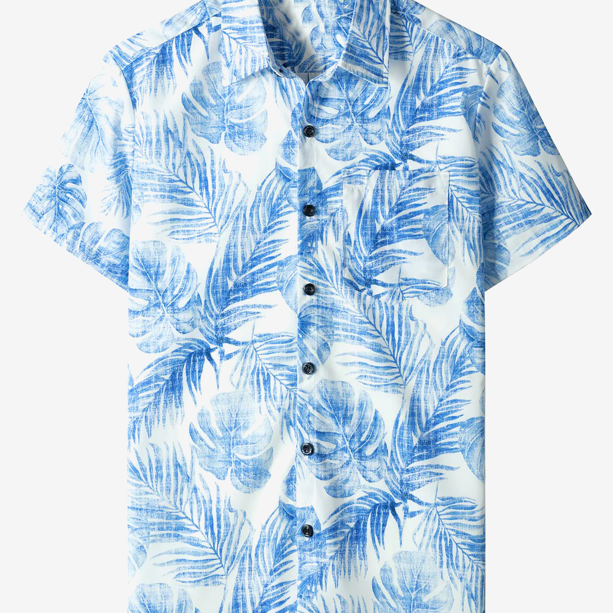Camisa de manga corta con botones de vacaciones y estampado de plantas tropicales con bolsillo informal hawaiano azul para hombre