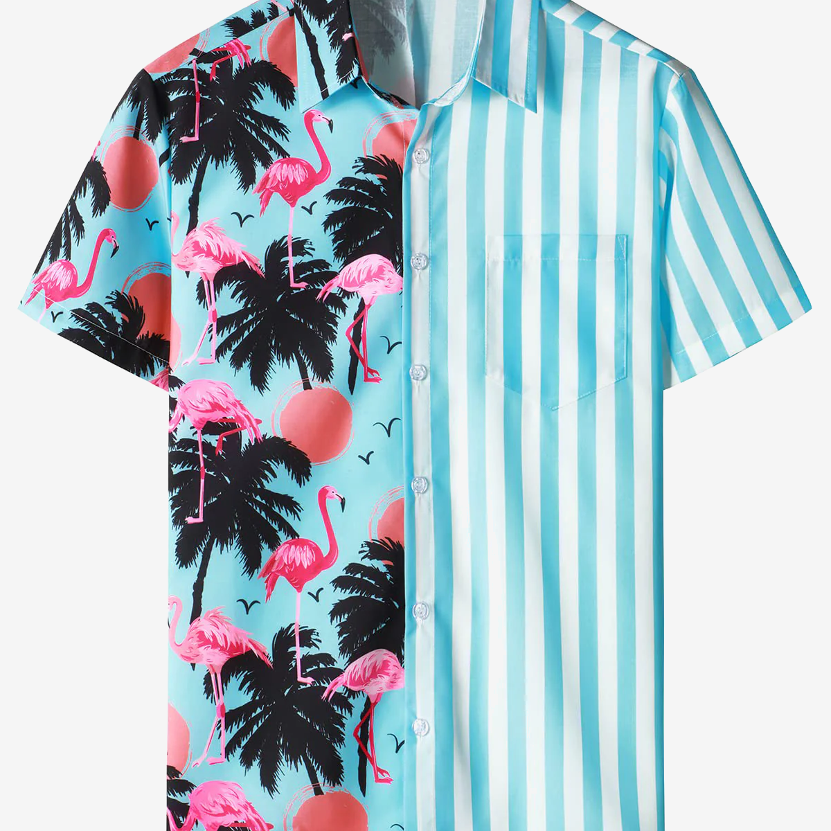 Camisa hawaiana de manga corta con estampado tropical de rayas azules y blancas de flamenco para hombre