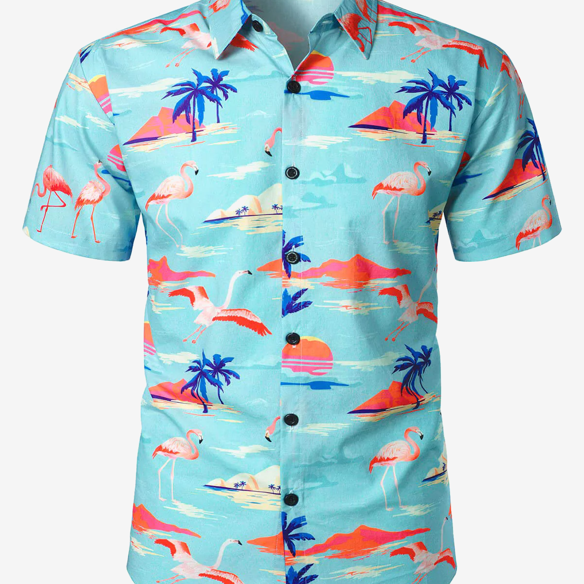 Camisa de manga corta de verano de algodón hawaiano azul con estampado de flamencos y flores tropicales para hombre