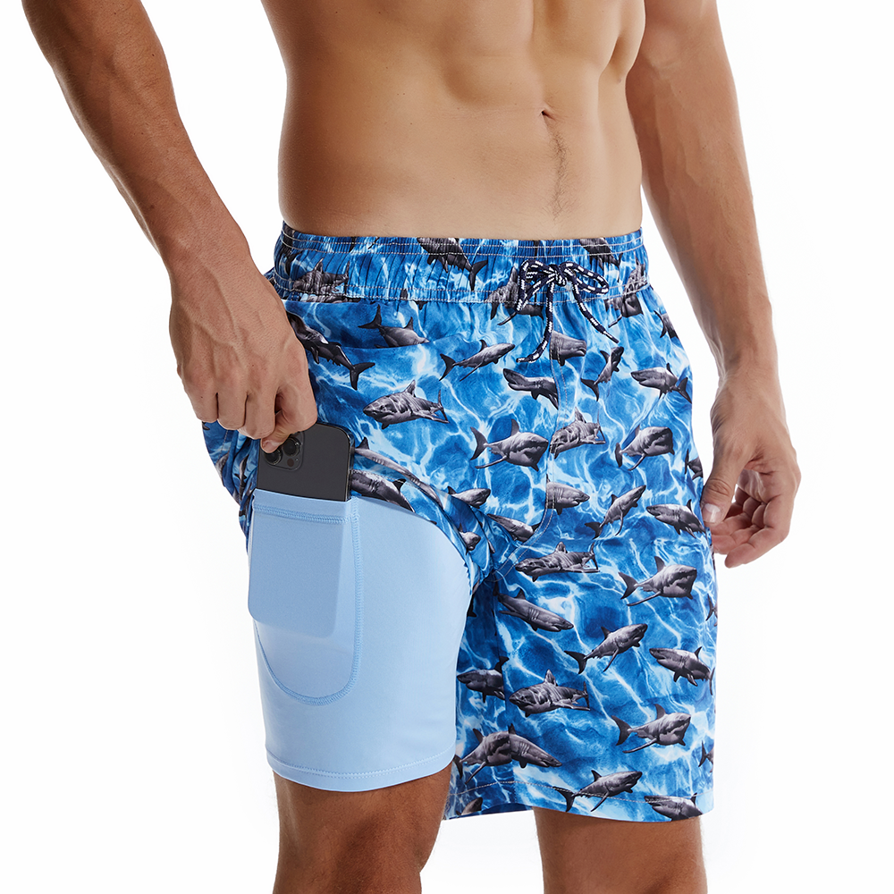 Bañador tipo shorts de playa de secado rápido azul con estampado de tiburones para hombre