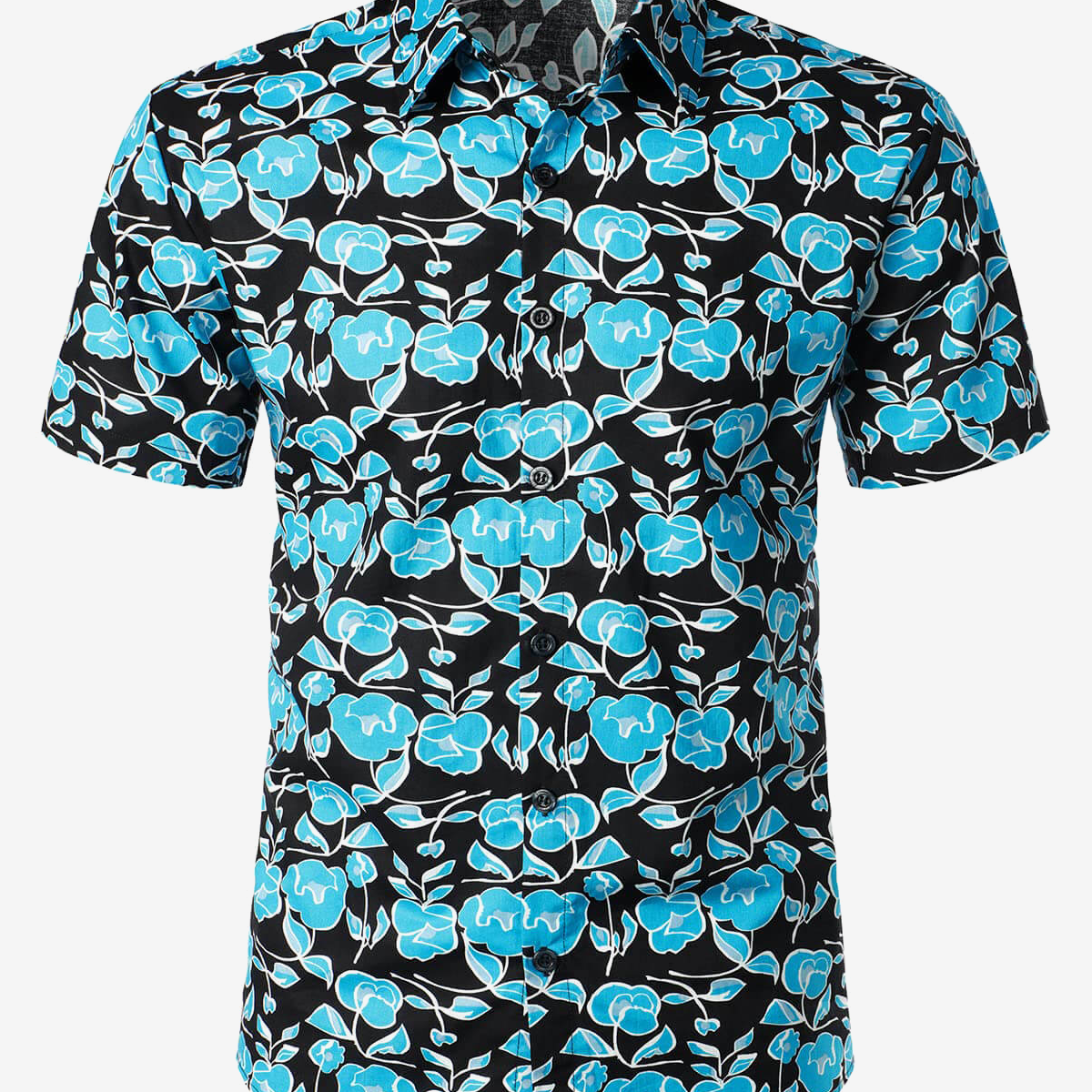Camisa hawaiana con botones de verano retro con flores azules y manga corta de algodón floral para hombre