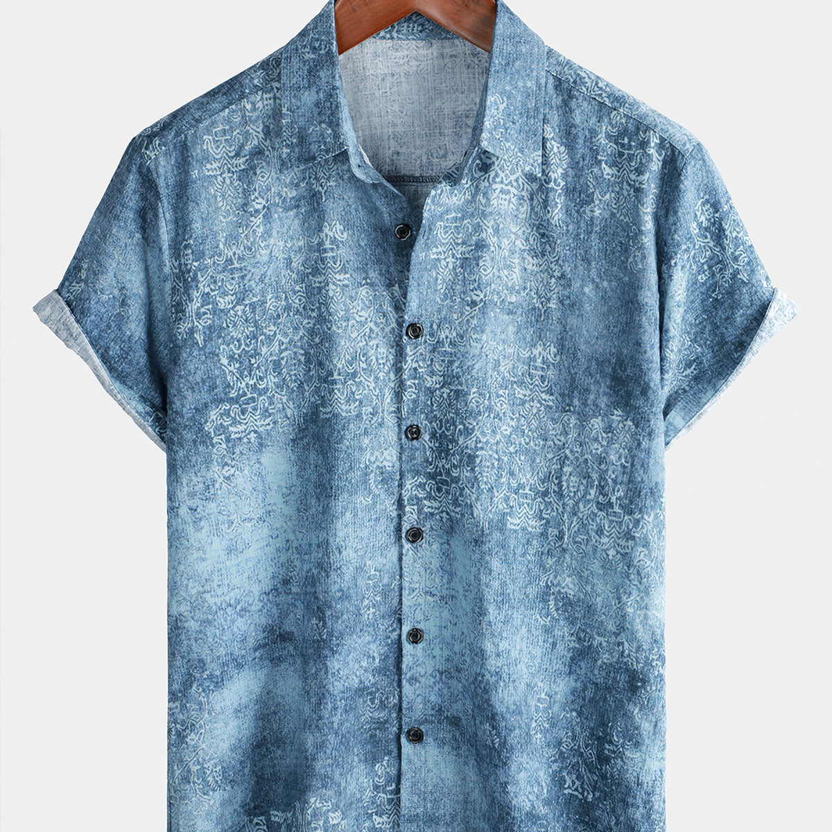 Men's Cotton Vintage Light Blue Short Sleeve Summer Button Up Shirt
