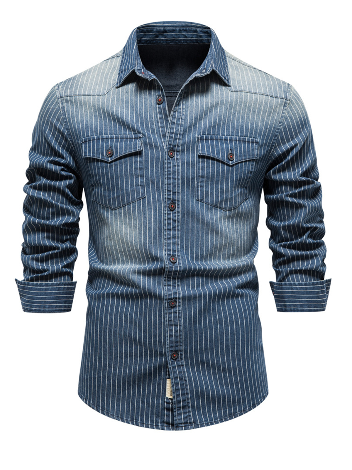 Men's Denim Striped Pocket Vintage Cotton Long Sleeve Button Shirt
