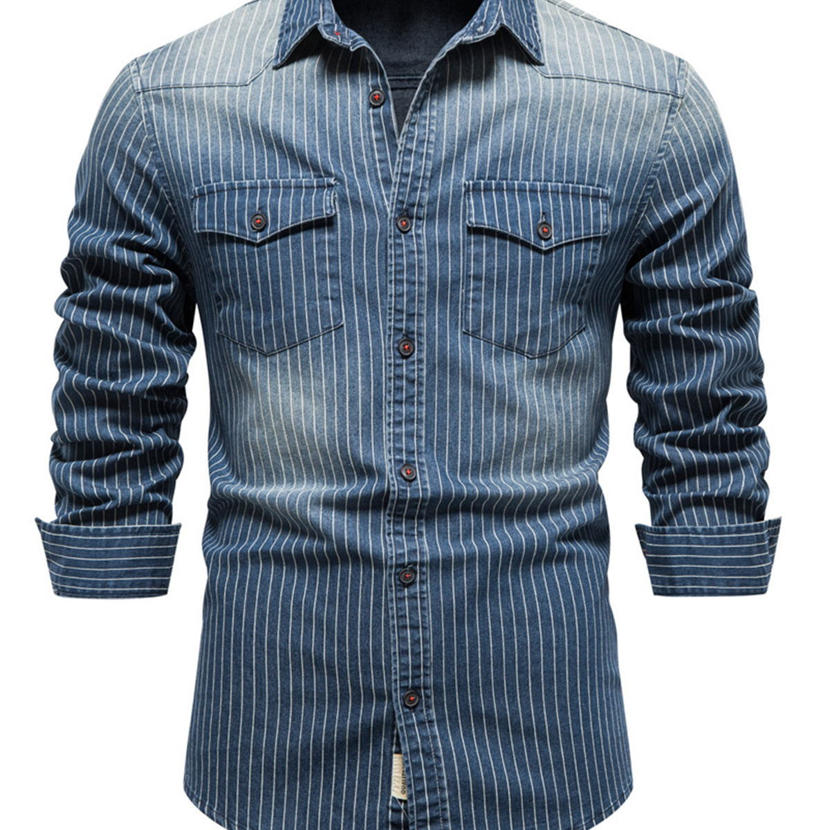 Camisa con botones de manga larga de algodón vintage con bolsillo a rayas de mezclilla para hombre