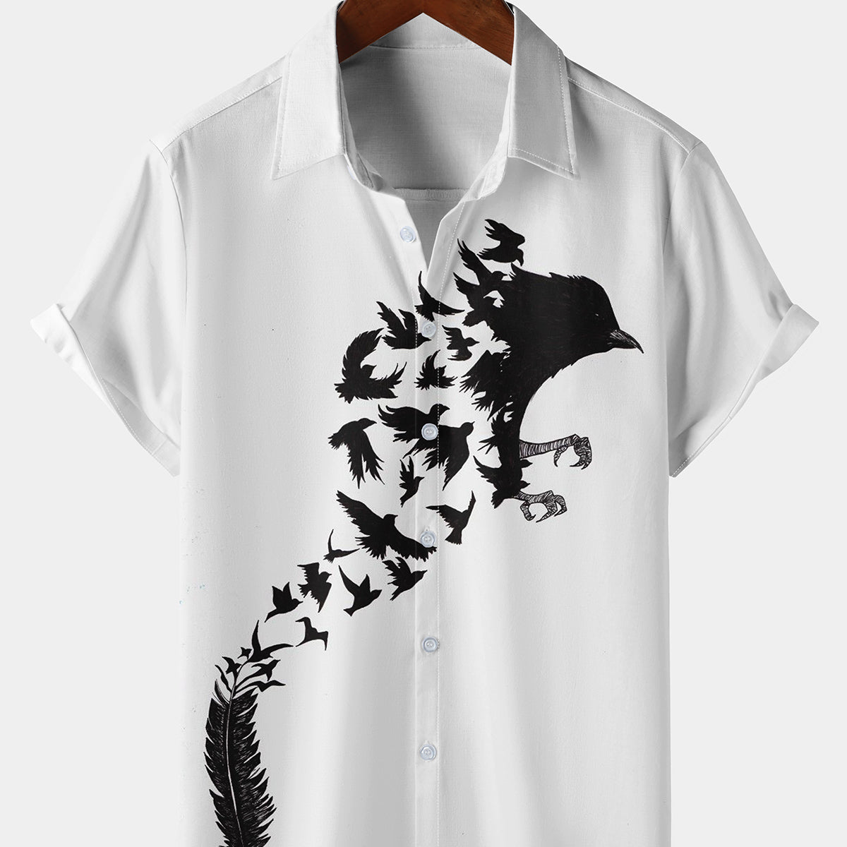 Camisa de crucero con botones de playa de manga corta para vacaciones con estampado de plumas de pájaro para hombre