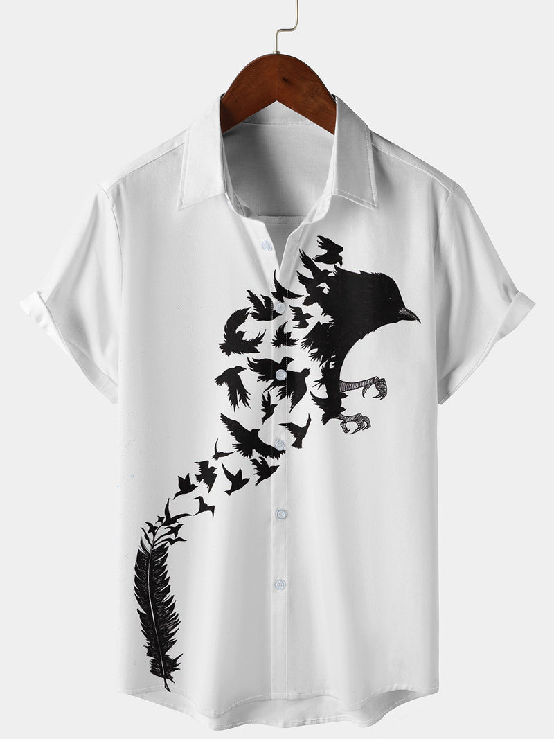 Men's Bird Feather Print Holiday Short Sleeve Beach Button Up Cruise Shirt