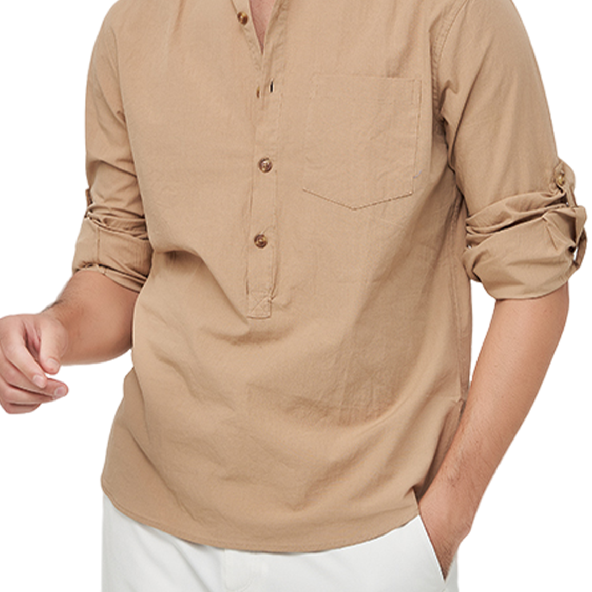 Men's Henley Collar Casual Solid Color Cotton Pocket Long Sleeve Shirt