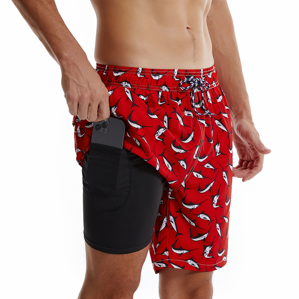 Bañador tipo shorts de playa de secado rápido, color rojo, con estampado de tiburones para hombre