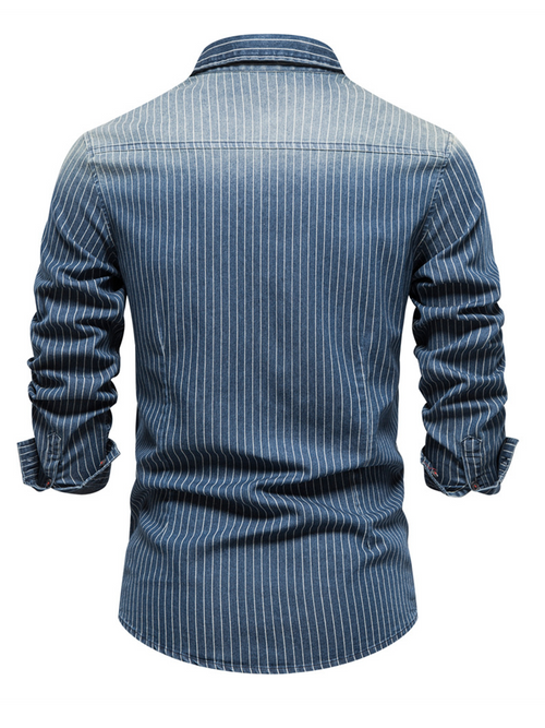 Men's Denim Striped Pocket Vintage Cotton Long Sleeve Button Shirt