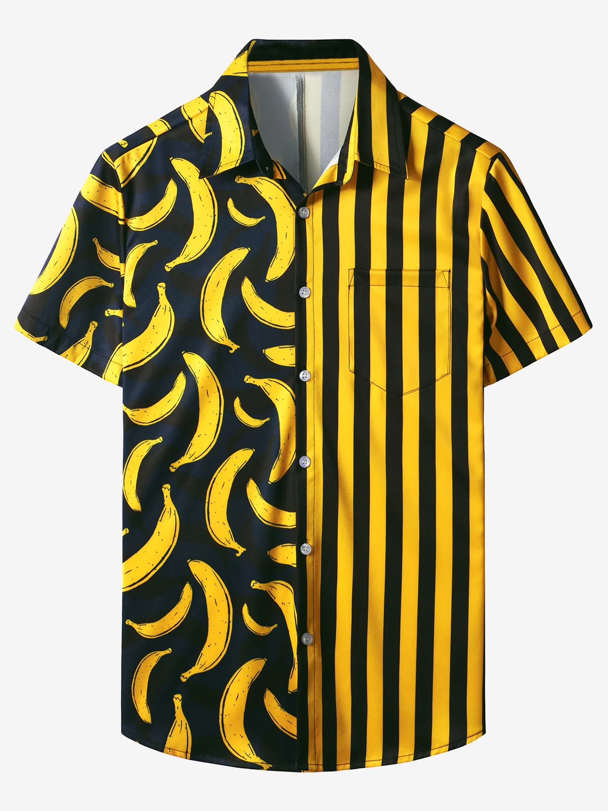 Men's Banana Yellow Striped Print Pocket Tropical Fruit Summer Vacation Casual Short Sleeve Shirt