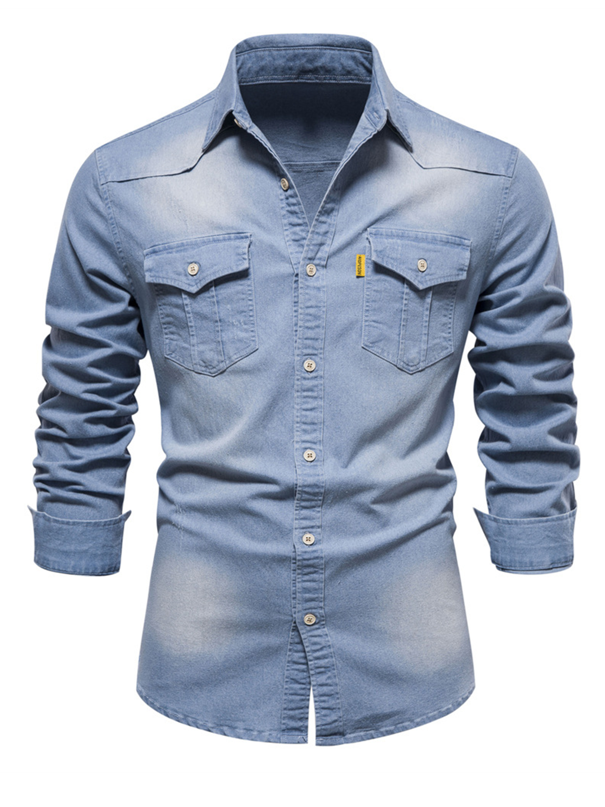 Men's Denim Pocket Solid Color Vintage Cotton Casual Long Sleeve Shirt