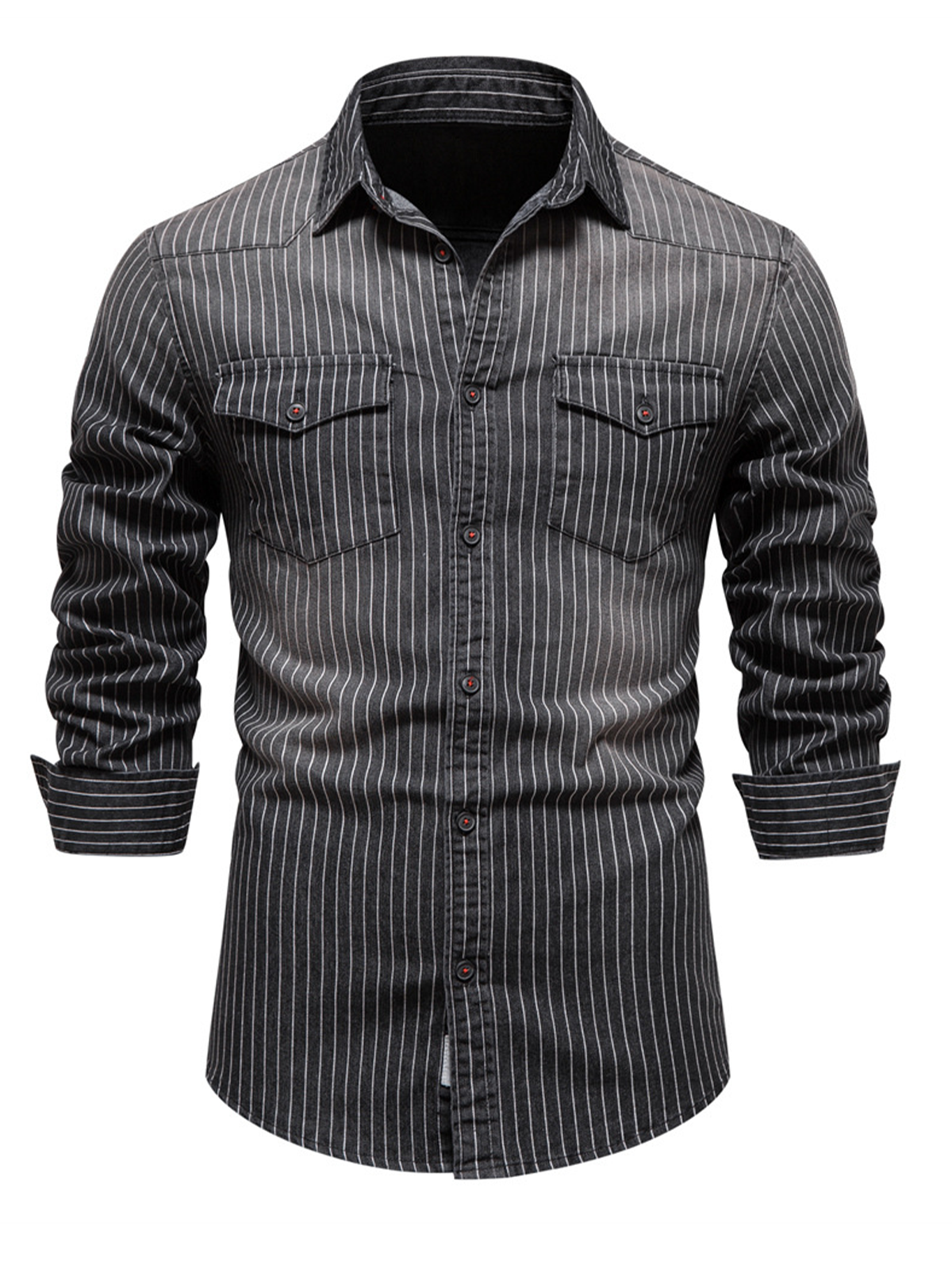 Men's Denim Striped Pocket Vintage Cotton Long Sleeve Button Shirt