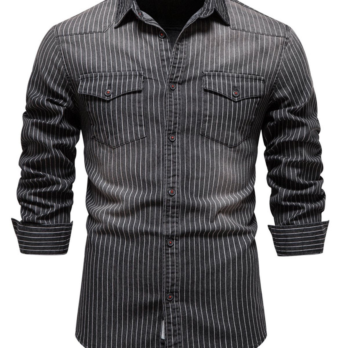 Men's Denim Striped Pocket Vintage Cotton Long Sleeve Button Shirt